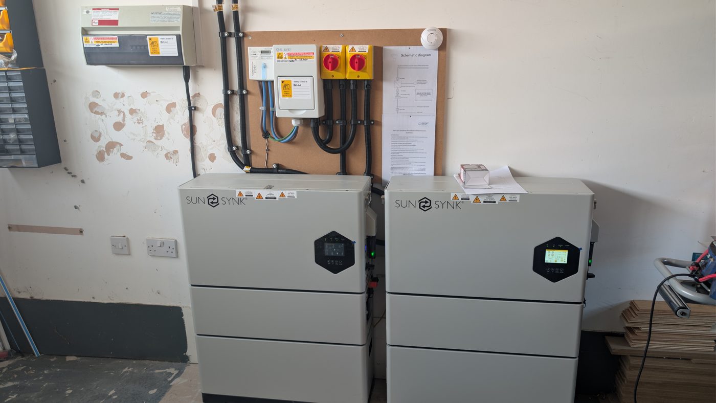 Garage, 14 Aug: two Sunsynk inverter and battery stacks, isolators and schematic