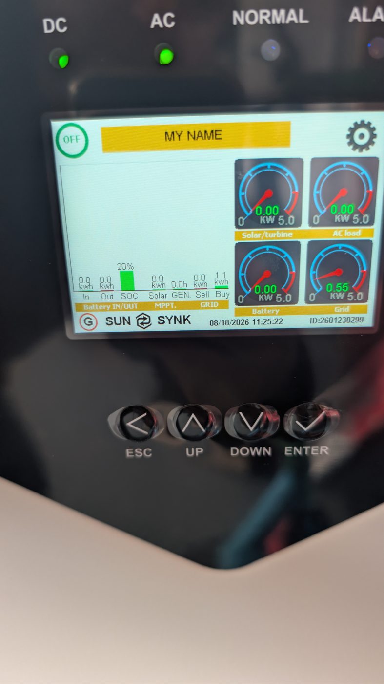 Inverter display, 18 Aug 11:25: OFF - panels 0.00 kW, 0.0 kWh today, battery 20%, grid 0.55 kW